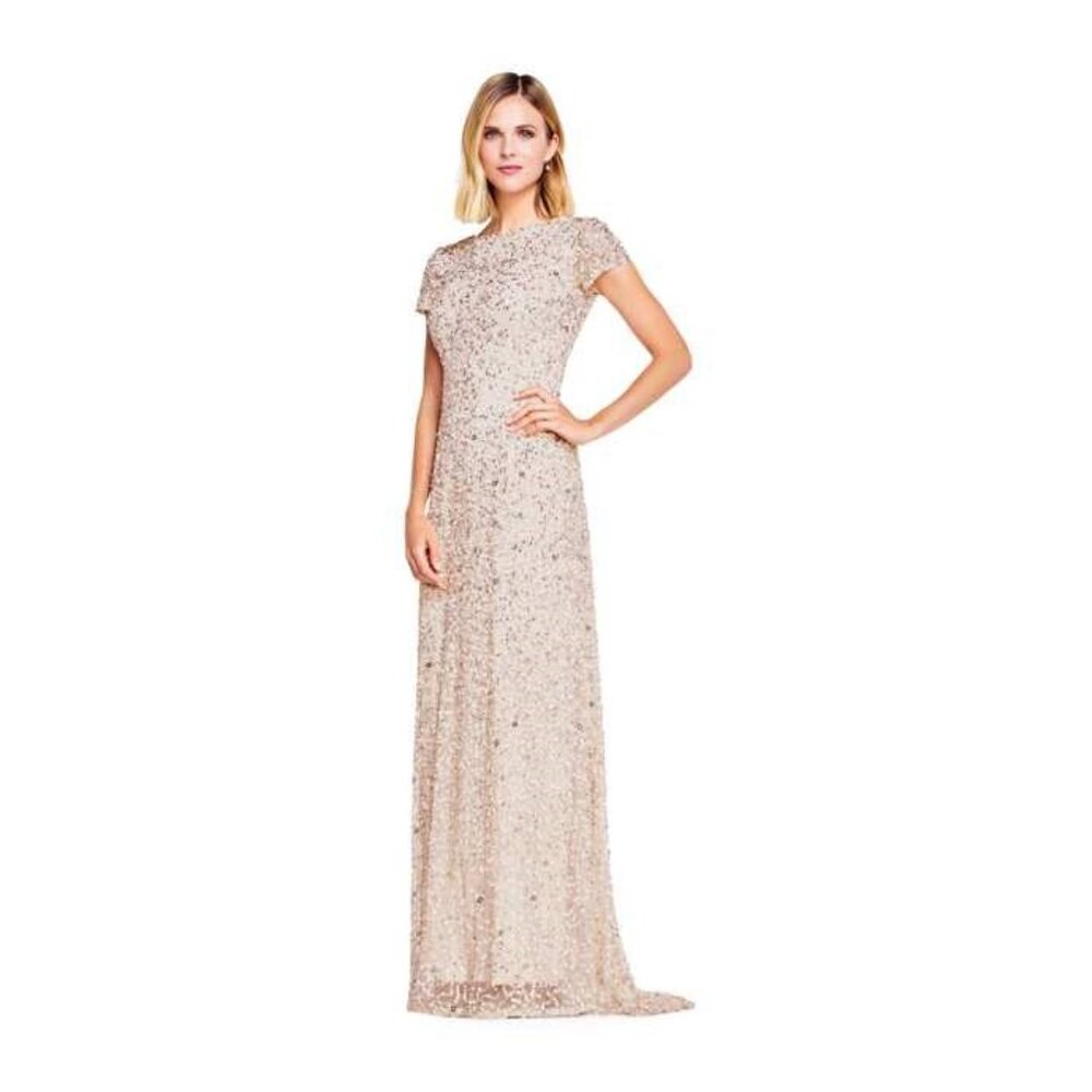 Adrianna Papell Formal Sequin Dress Sz 2 Champagne Beige Train - Picture 2 of 11